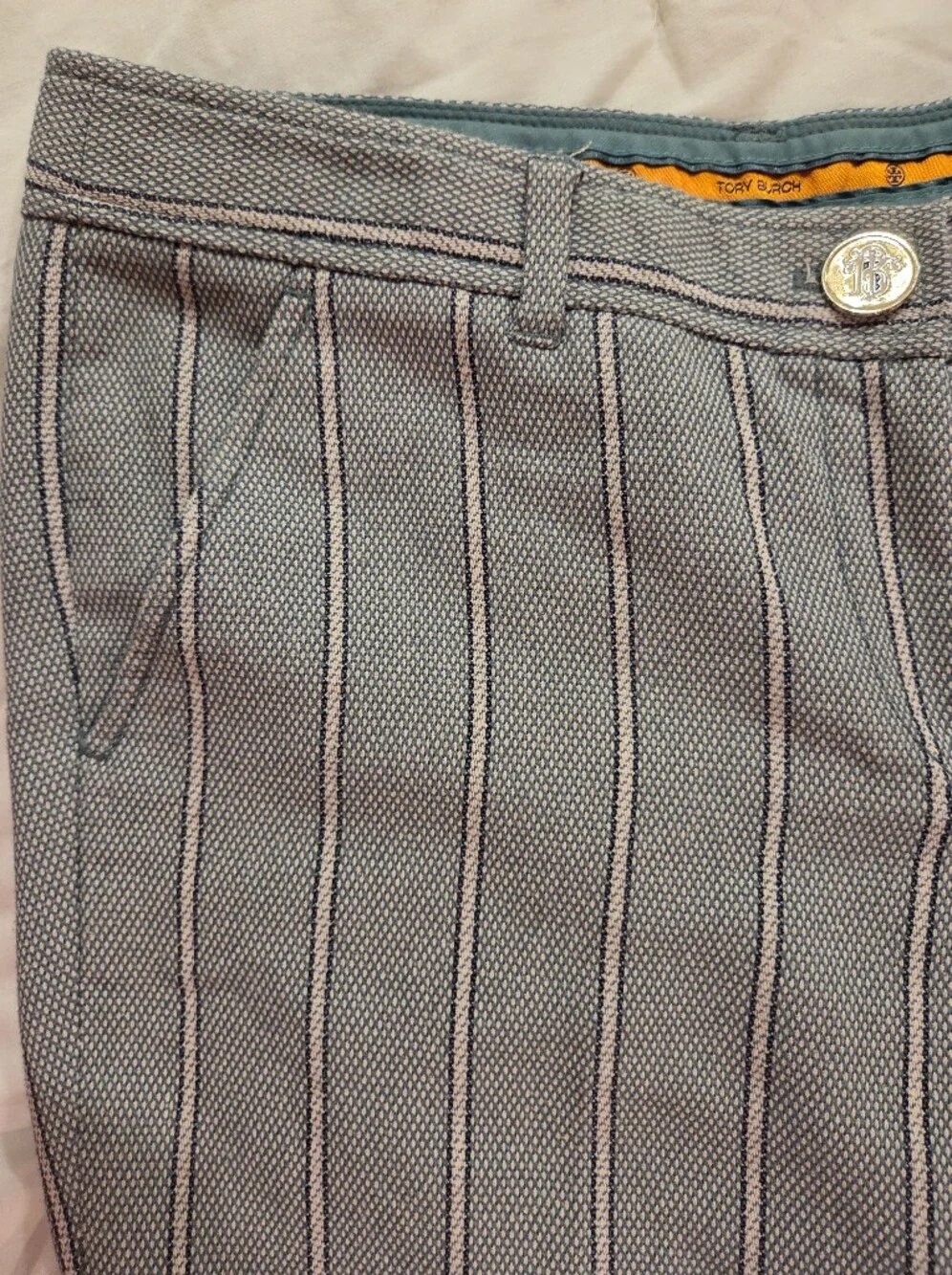Tory Burch Green And Cream Cropped Ankle Trouser Sz 8 Woven Luxury Designer